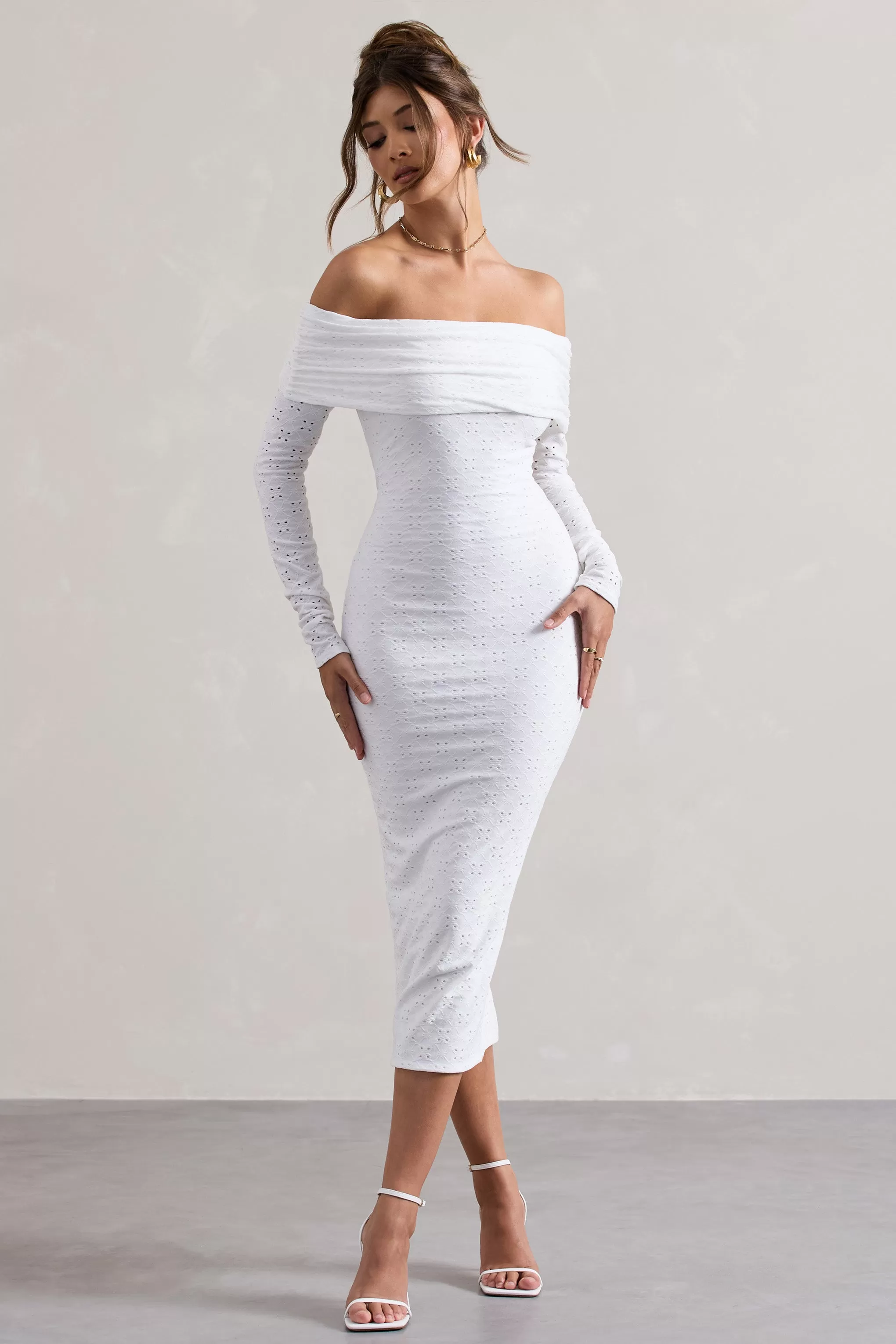 Emmeline | White Jacquard Bardot Midi Dress