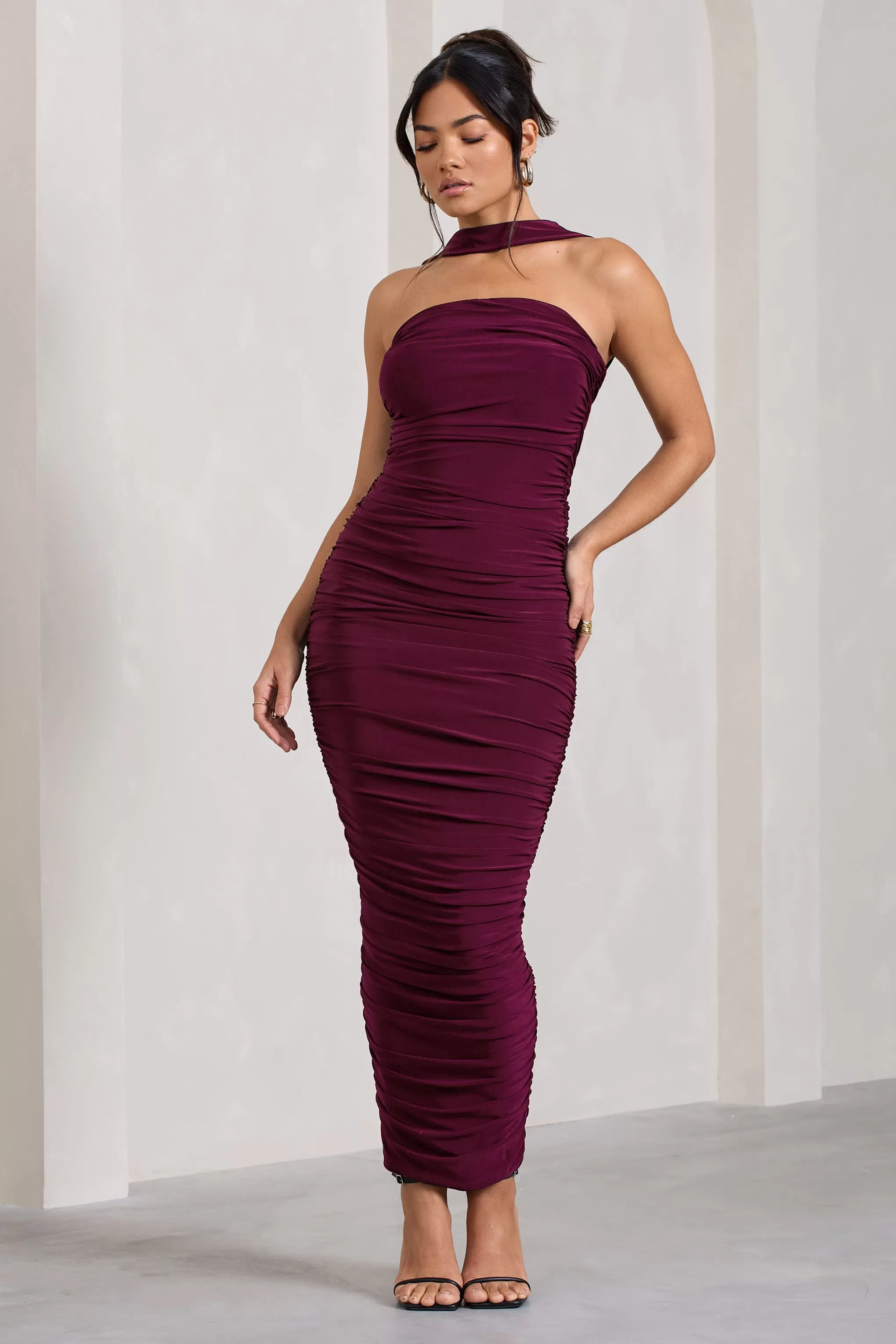 Entranced | Burgundy Ruched Bandeau Maxi Dress With Halter Collar