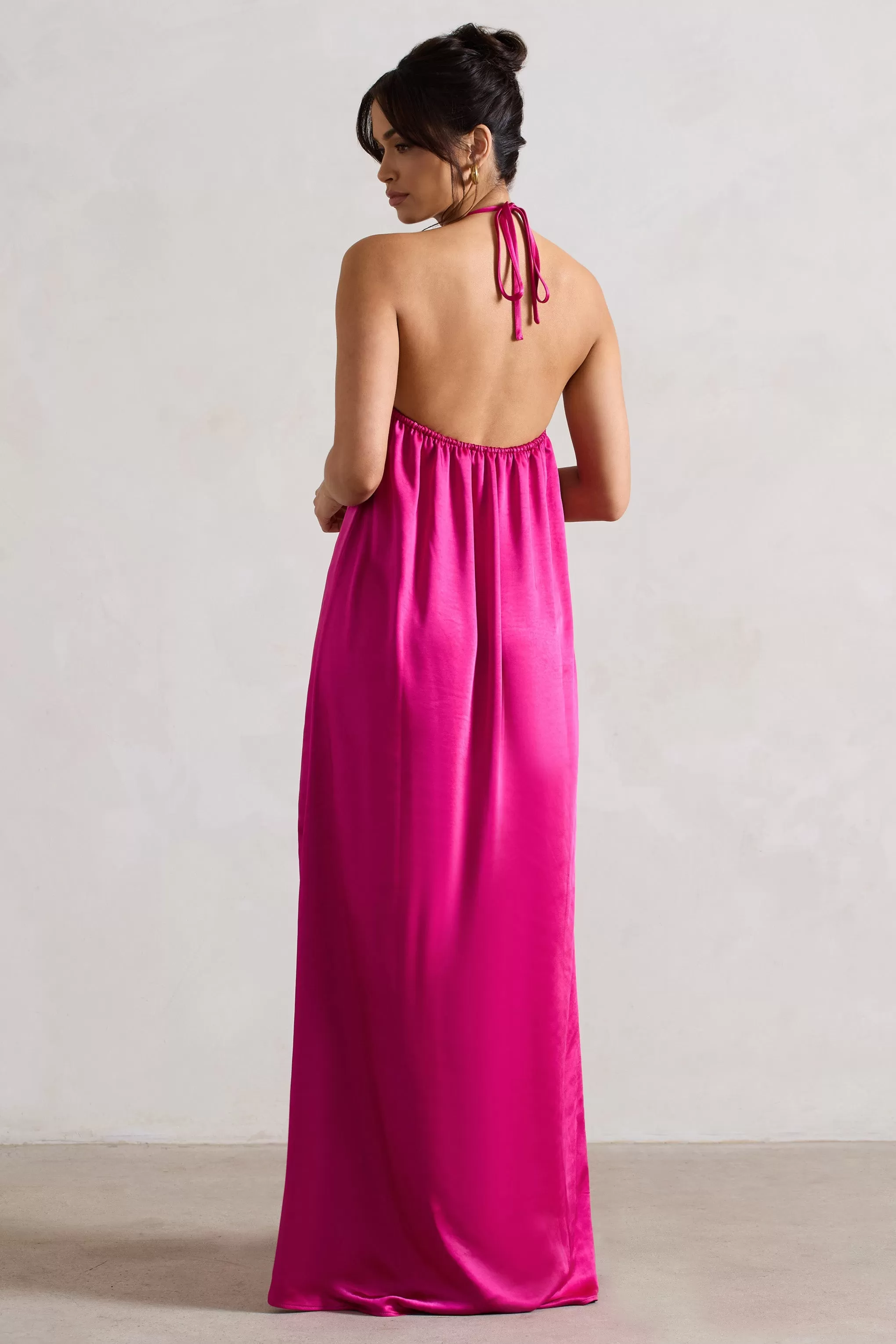 Everleigh | Dark Pink Satin Relaxed Fit Maxi Column Dress With Corsage