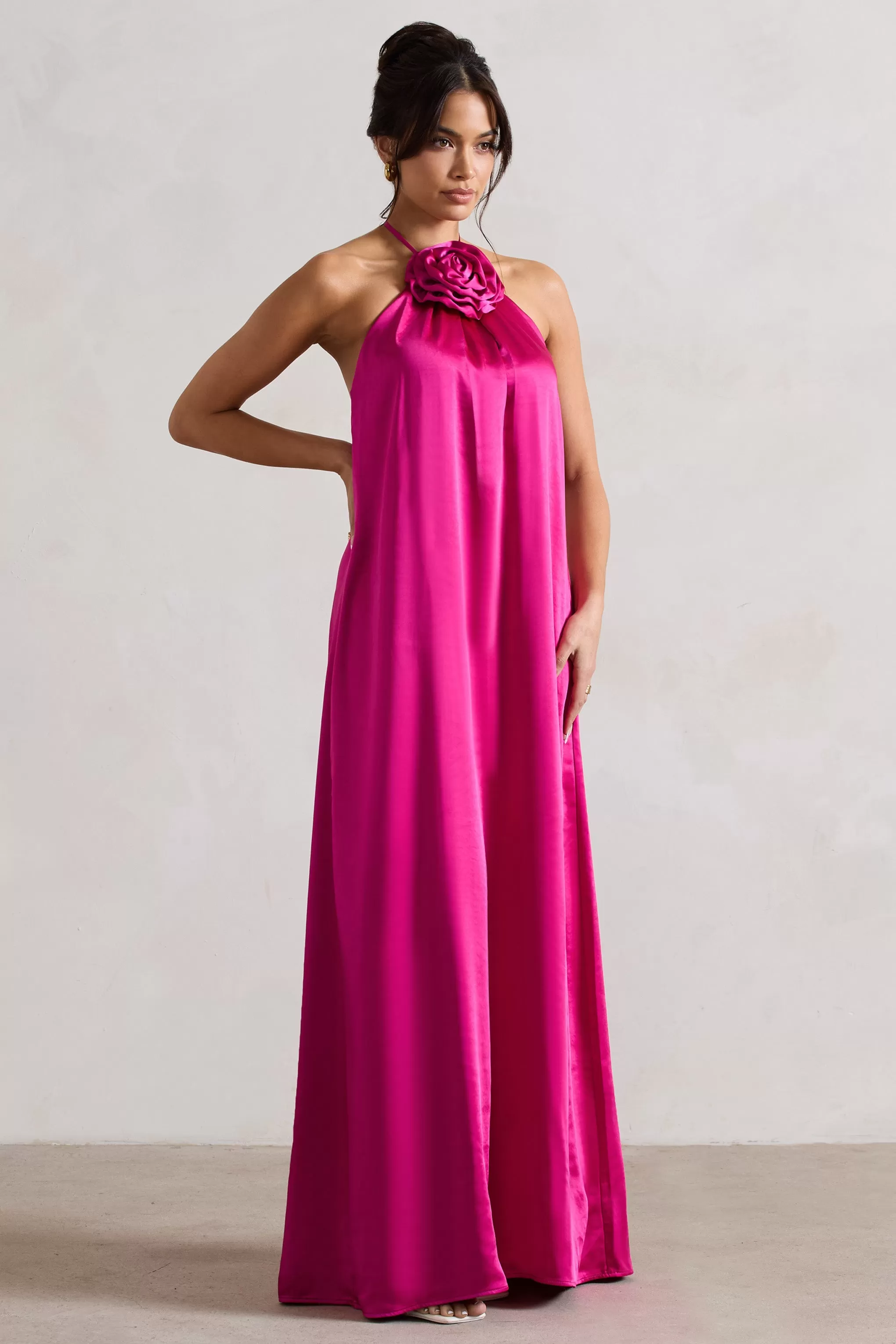 Everleigh | Dark Pink Satin Relaxed Fit Maxi Column Dress With Corsage