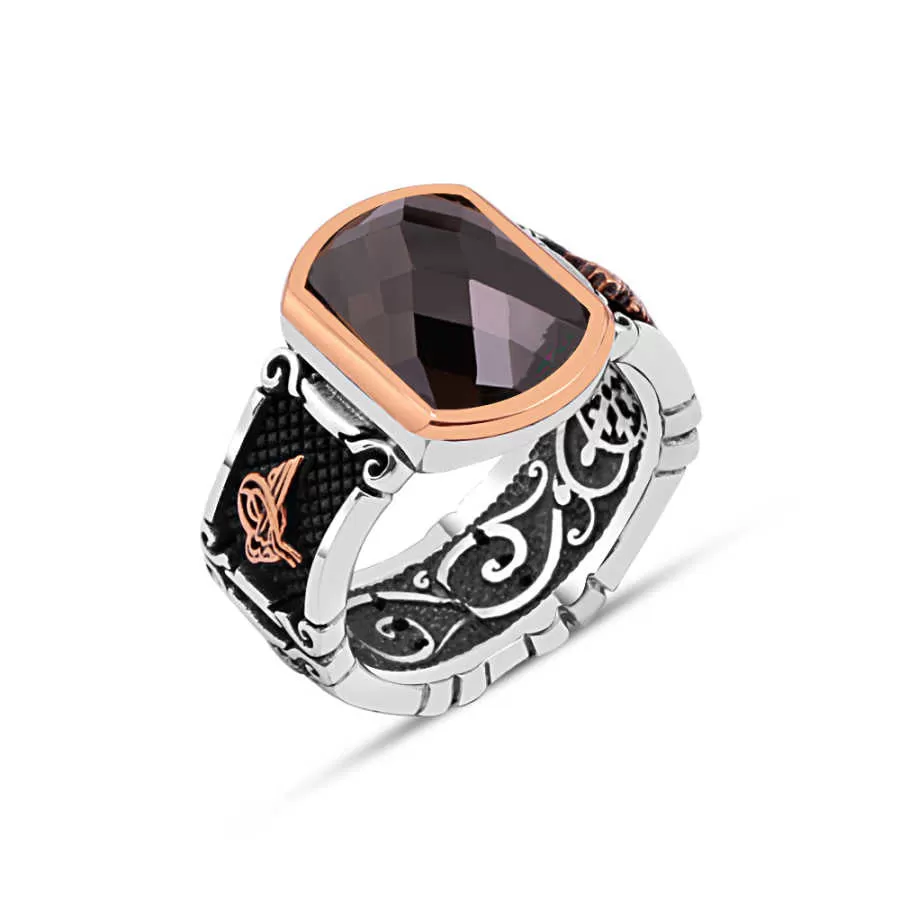 Facet Cut Stadium Shape Black Zircon Stone Silver Men's Ring Siding Ottoman Tughra