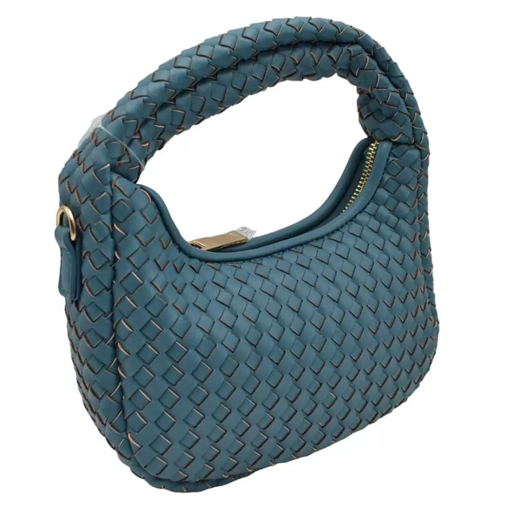 Faux Leather Woven Patterned Top Handle Tote Shoulder Bag