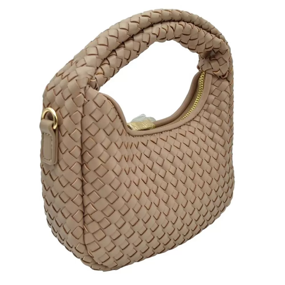 Faux Leather Woven Patterned Top Handle Tote Shoulder Bag