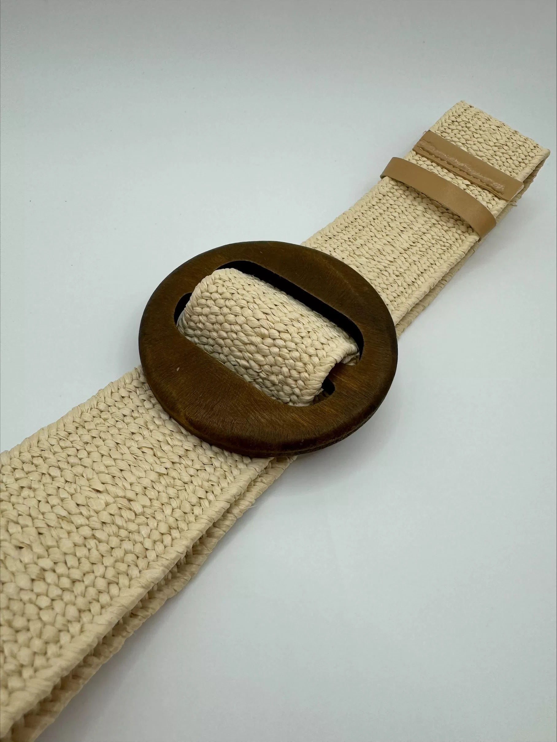 Faux Rattan Weave Stretch Beige Belt