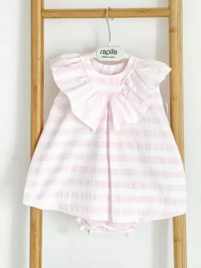 Girls Rapife Pink Stripe Dress With V Neck Collar