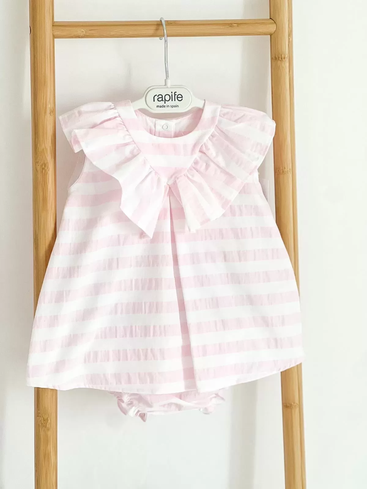 Girls Rapife Pink Stripe Dress With V Neck Collar