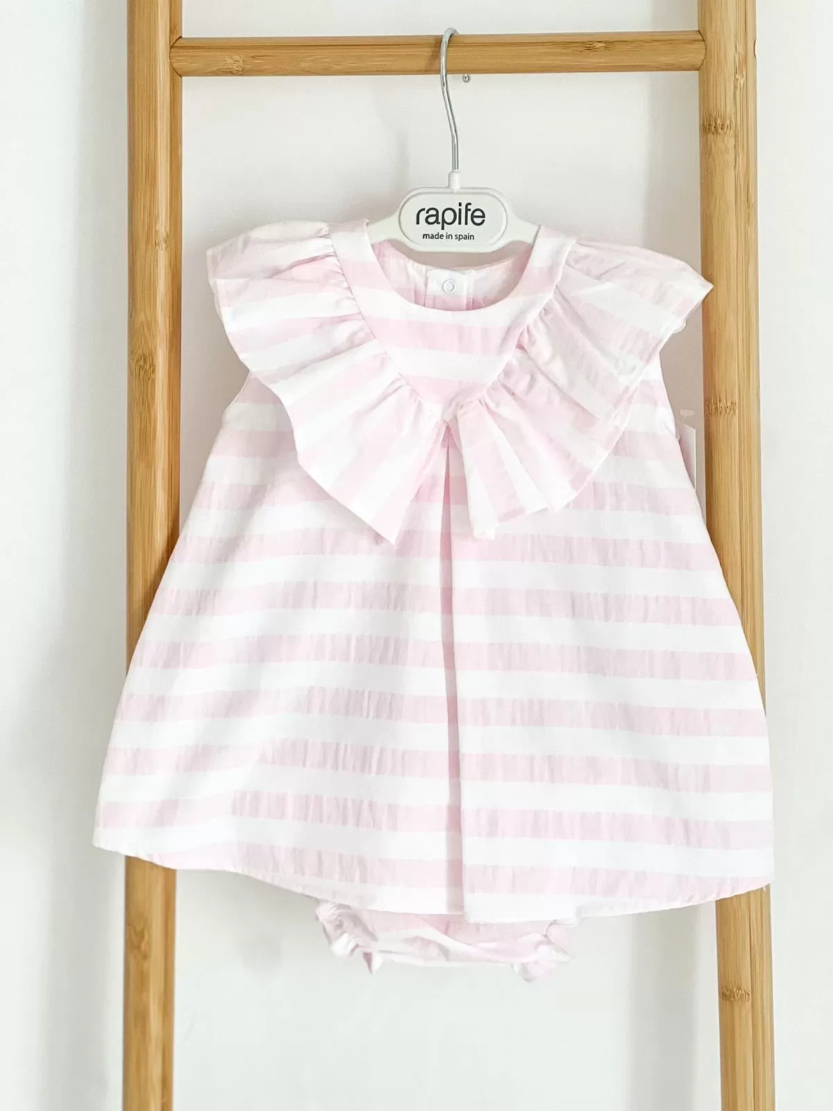 Girls Rapife Pink Stripe Dress With V Neck Collar