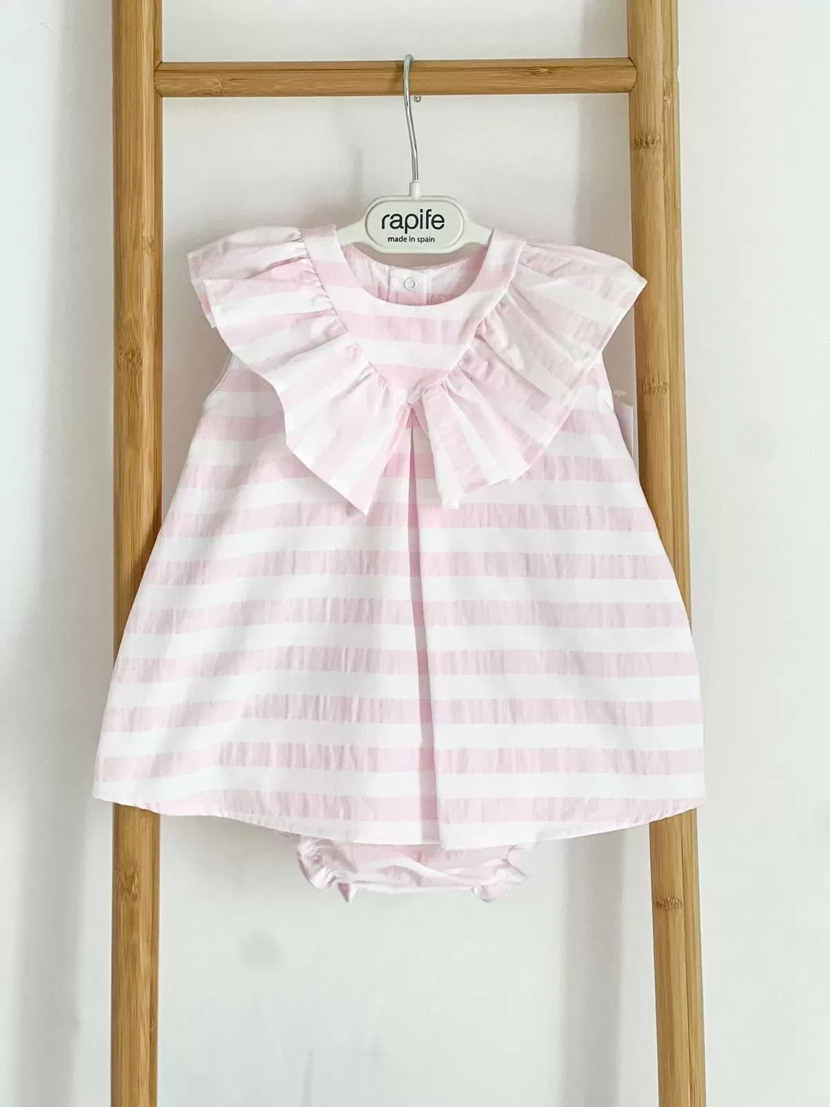 Girls Rapife Pink Stripe Dress With V Neck Collar