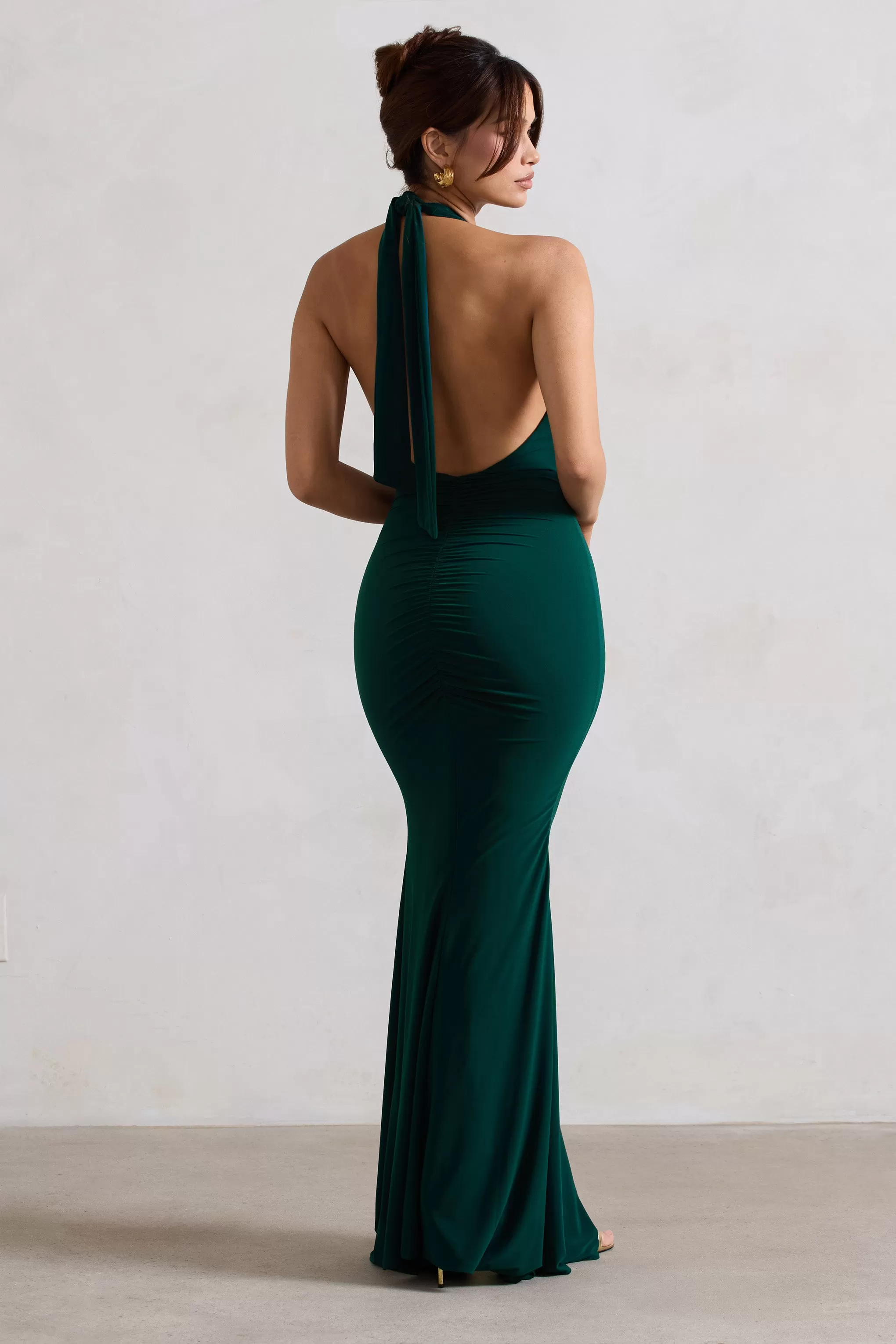 Glamour | Bottle Green Backless V Plunge Halter Neck Maxi Dress With Side Split