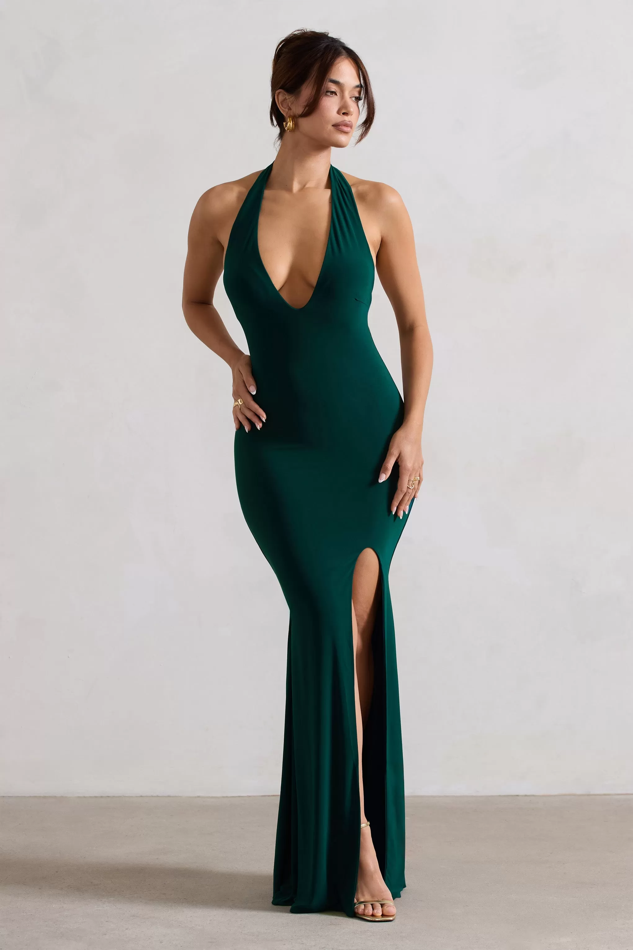 Glamour | Bottle Green Backless V Plunge Halter Neck Maxi Dress With Side Split