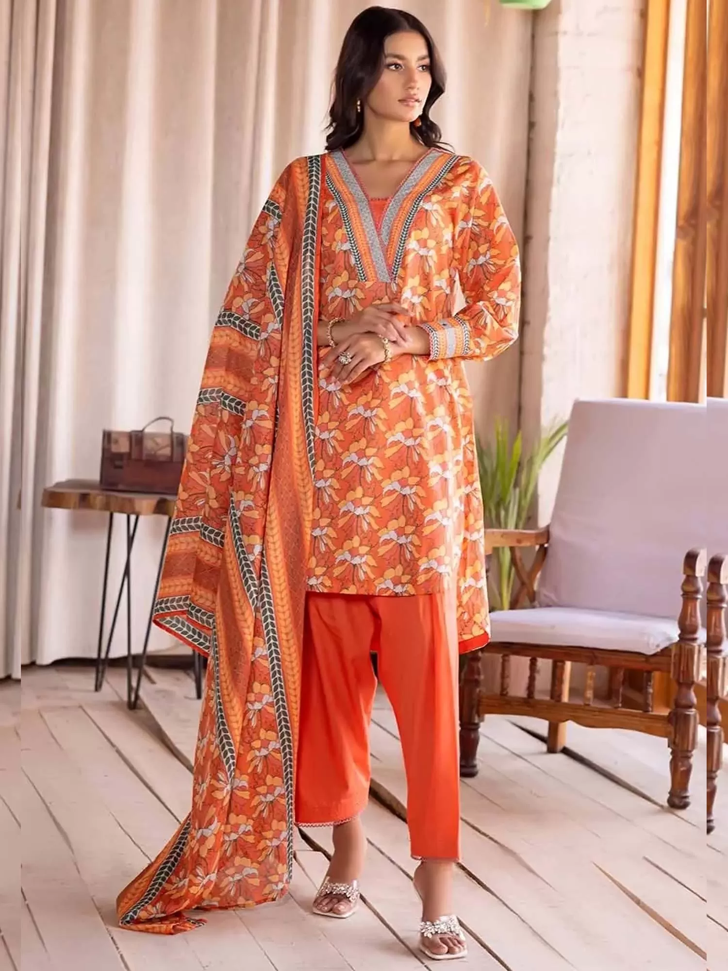 Gul Ahmed Lawn "Summer Solstice" Unstitched Orange 3-Piece (CL-32397-A)