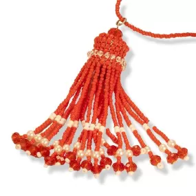 Handmade Orange and Pearl Beaded Tassel Necklace