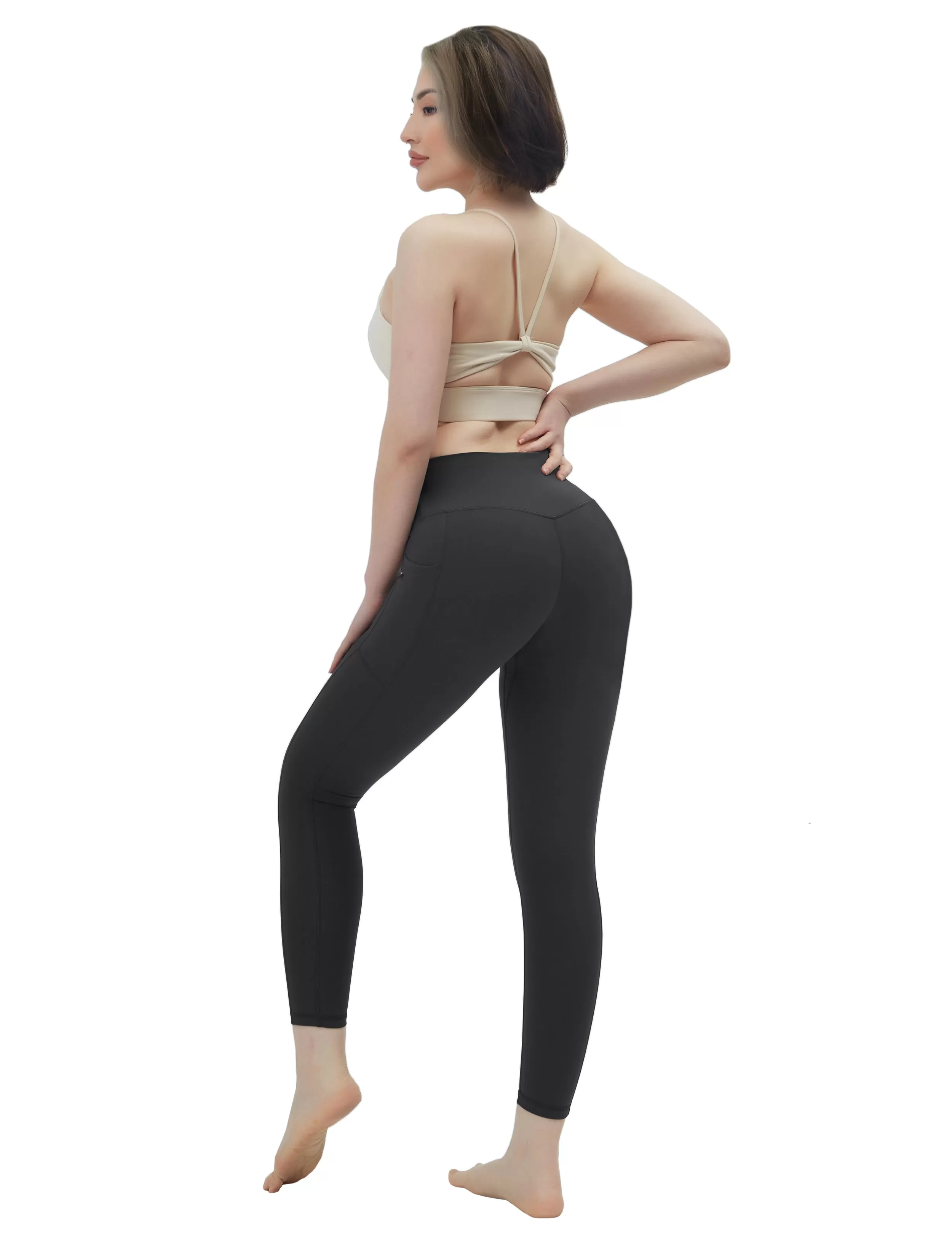 High Waisted Yoga Pants 7/8 Length Leggings with Pockets charcoalgrey