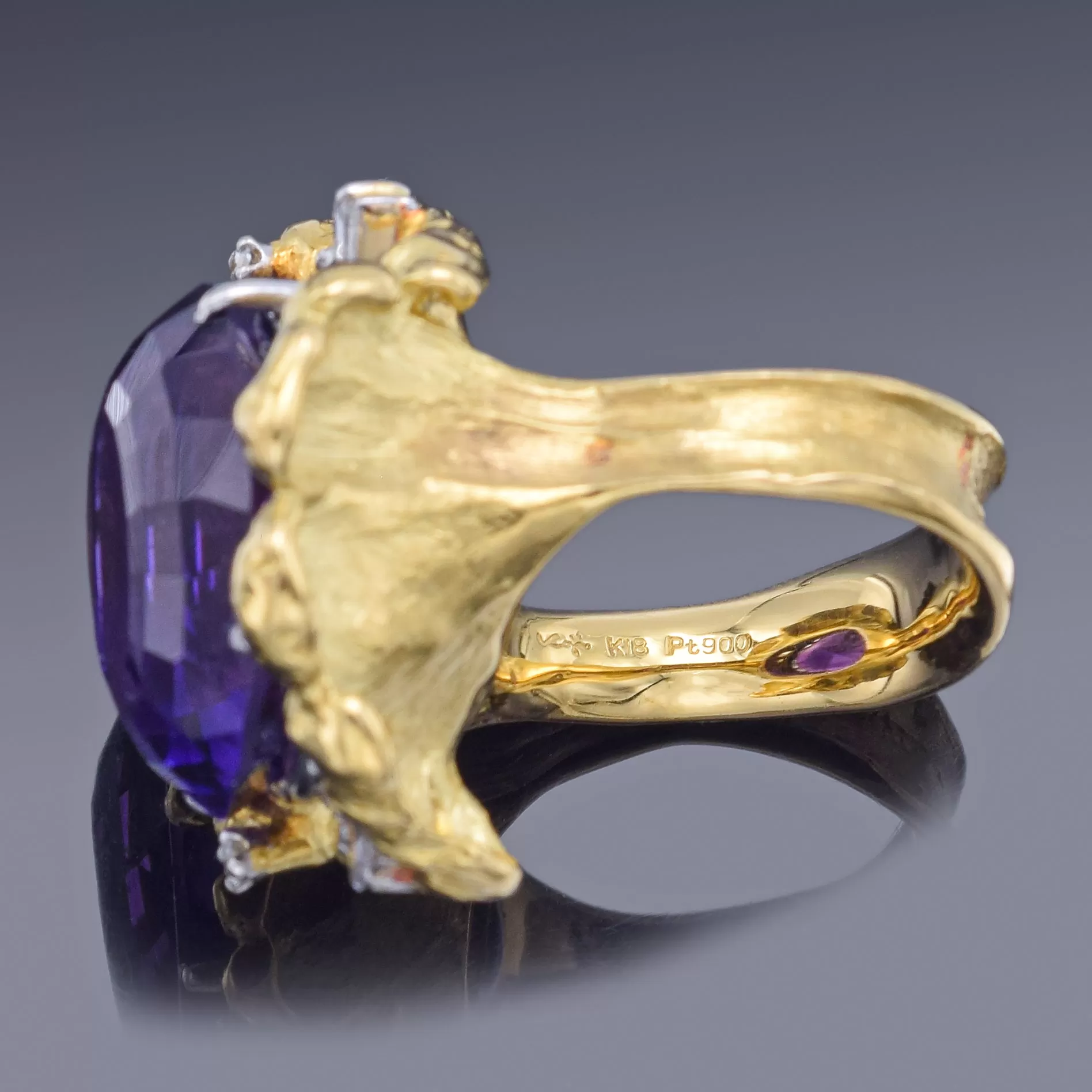 KOJI IWAKURA 18K Gold & Platinum 19.05 Ct Amethyst & Diamond Cocktail Ring