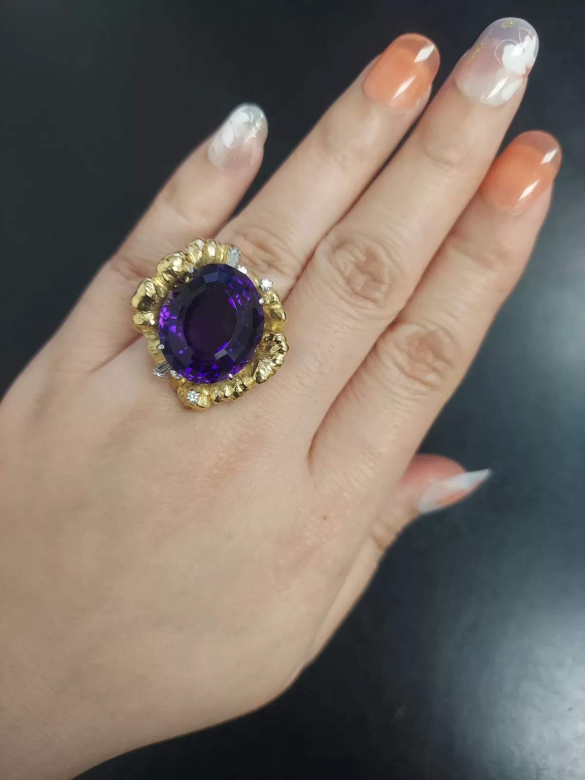 KOJI IWAKURA 18K Gold & Platinum 19.05 Ct Amethyst & Diamond Cocktail Ring