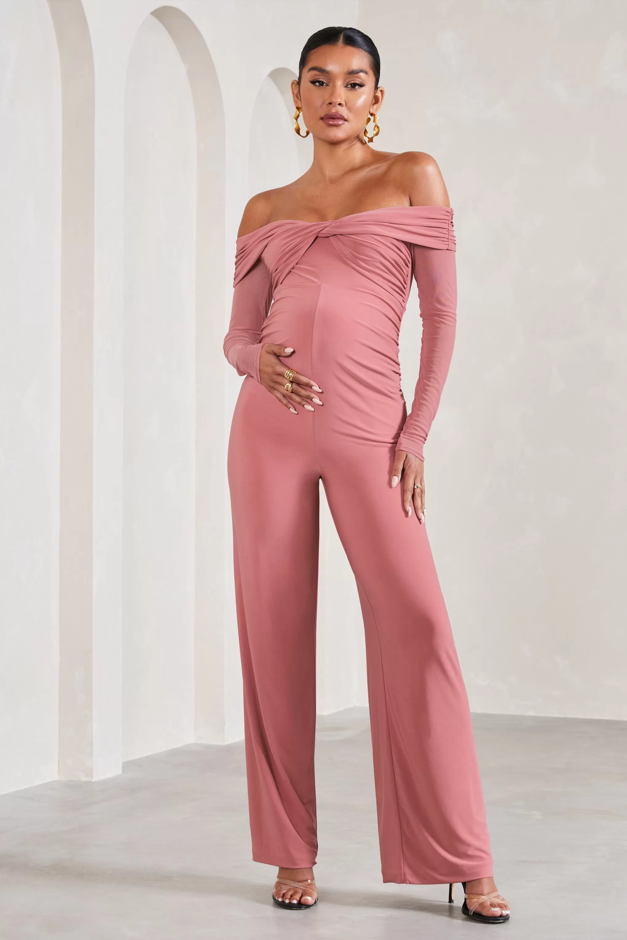 Kyla | Blush Pink Ruched Bardot Long-Sleeved Wide-Leg Maternity Jumpsuit