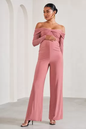 Kyla | Blush Pink Ruched Bardot Long-Sleeved Wide-Leg Maternity Jumpsuit