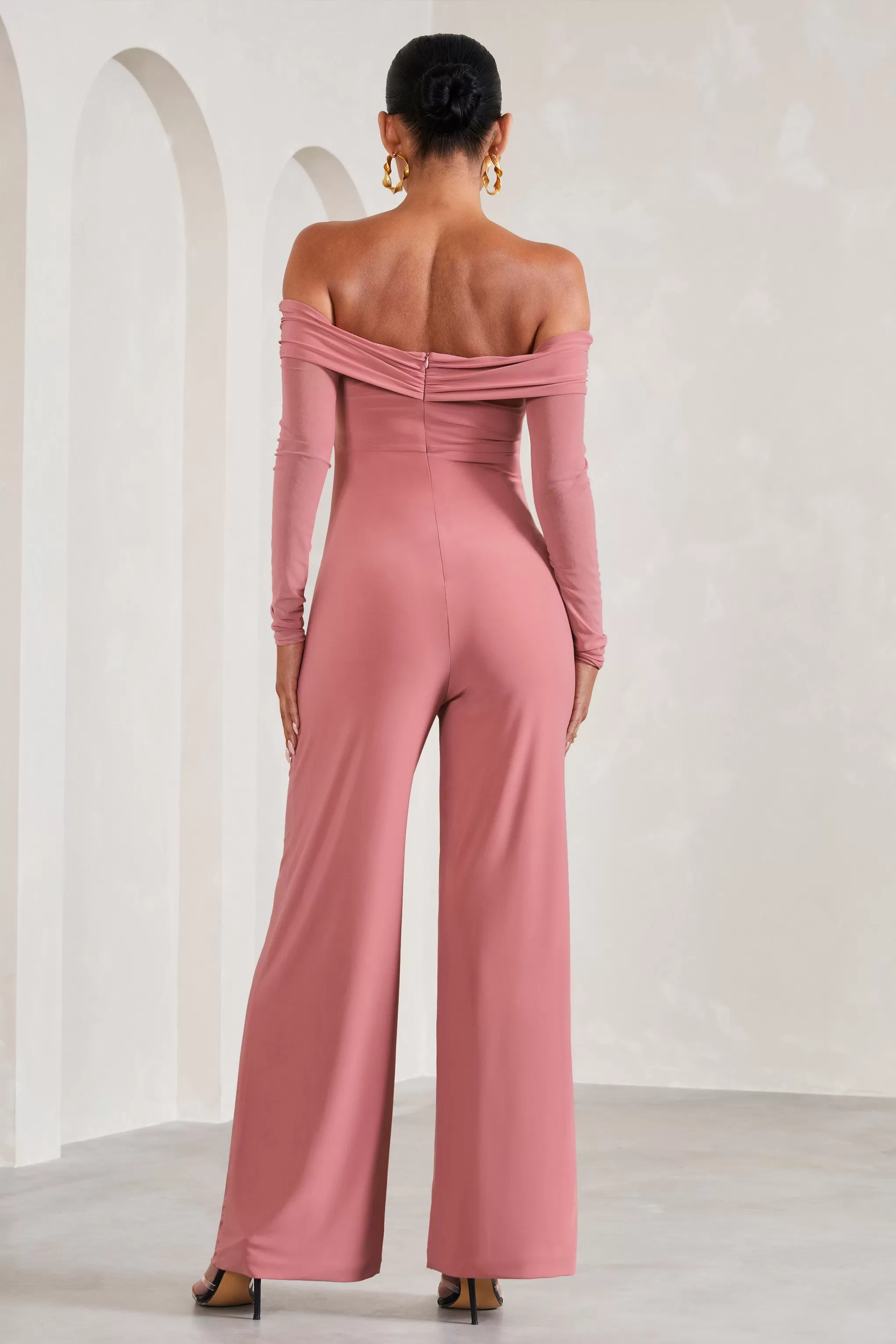 Kyla | Blush Pink Ruched Bardot Long-Sleeved Wide-Leg Maternity Jumpsuit