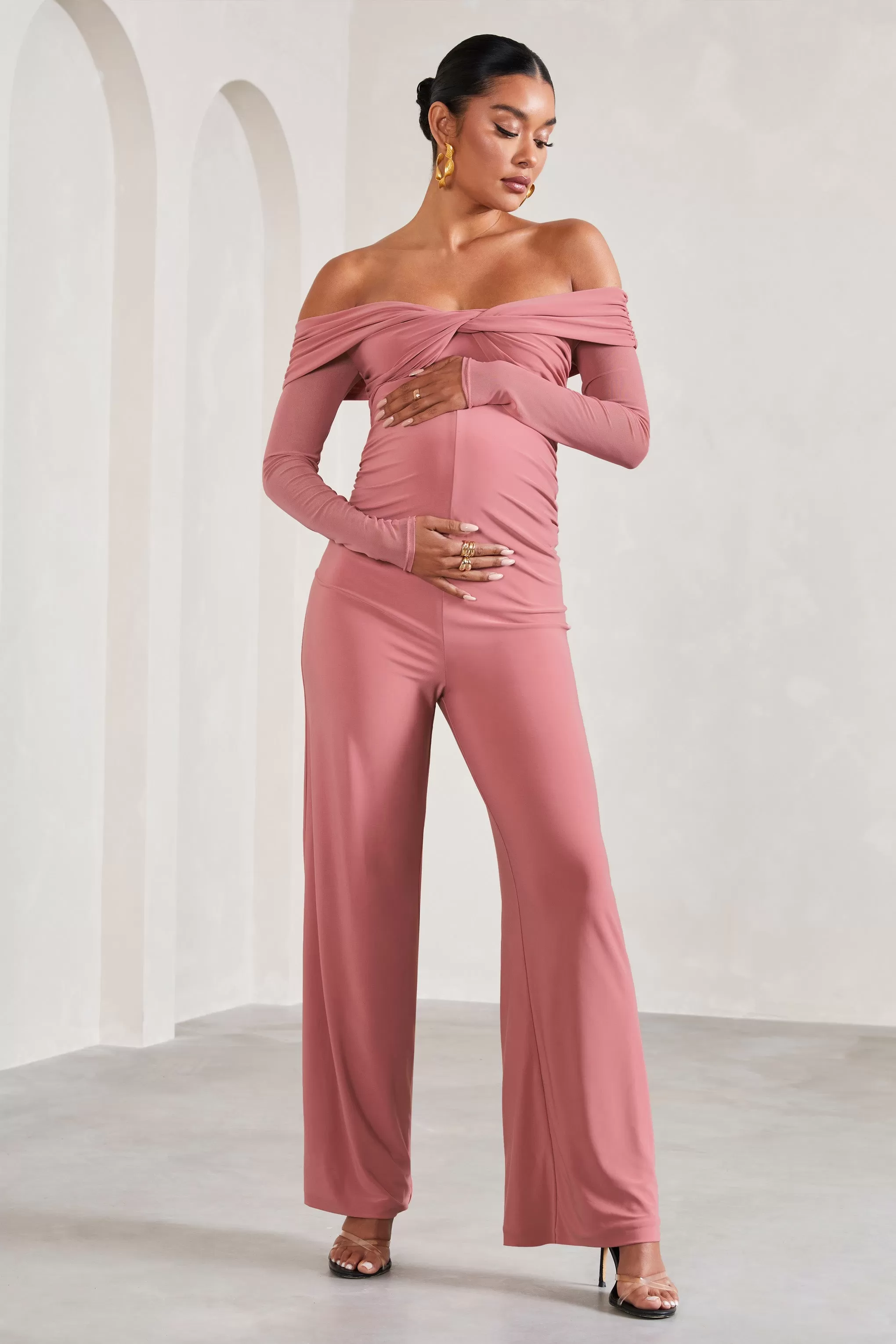 Kyla | Blush Pink Ruched Bardot Long-Sleeved Wide-Leg Maternity Jumpsuit