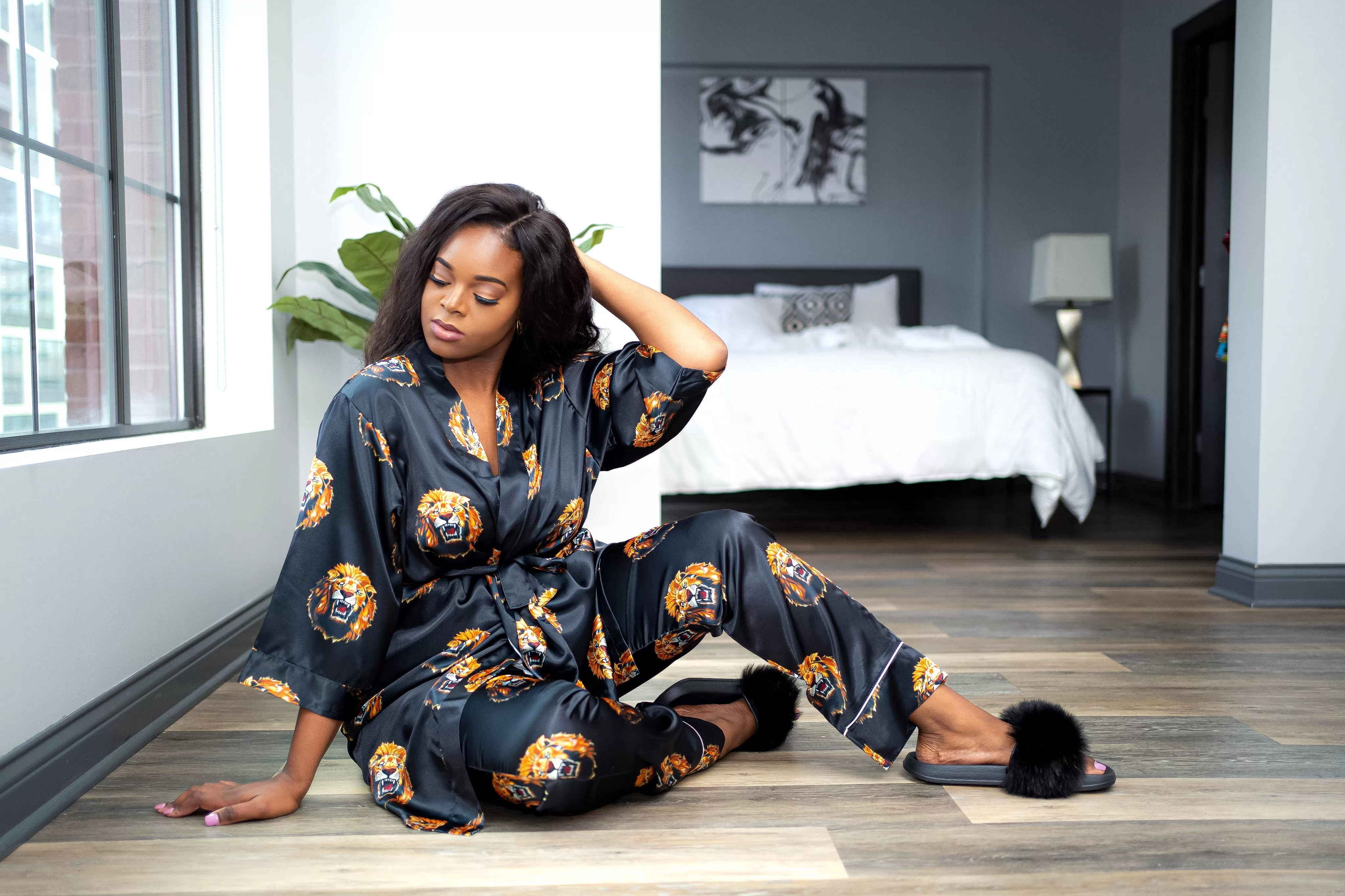 Lion Head African Print Satin Robe