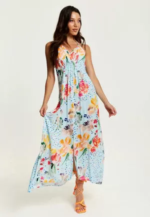 Liquorish Blue Floral Print Midi Asymmetrical Dress