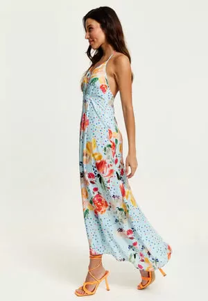 Liquorish Blue Floral Print Midi Asymmetrical Dress