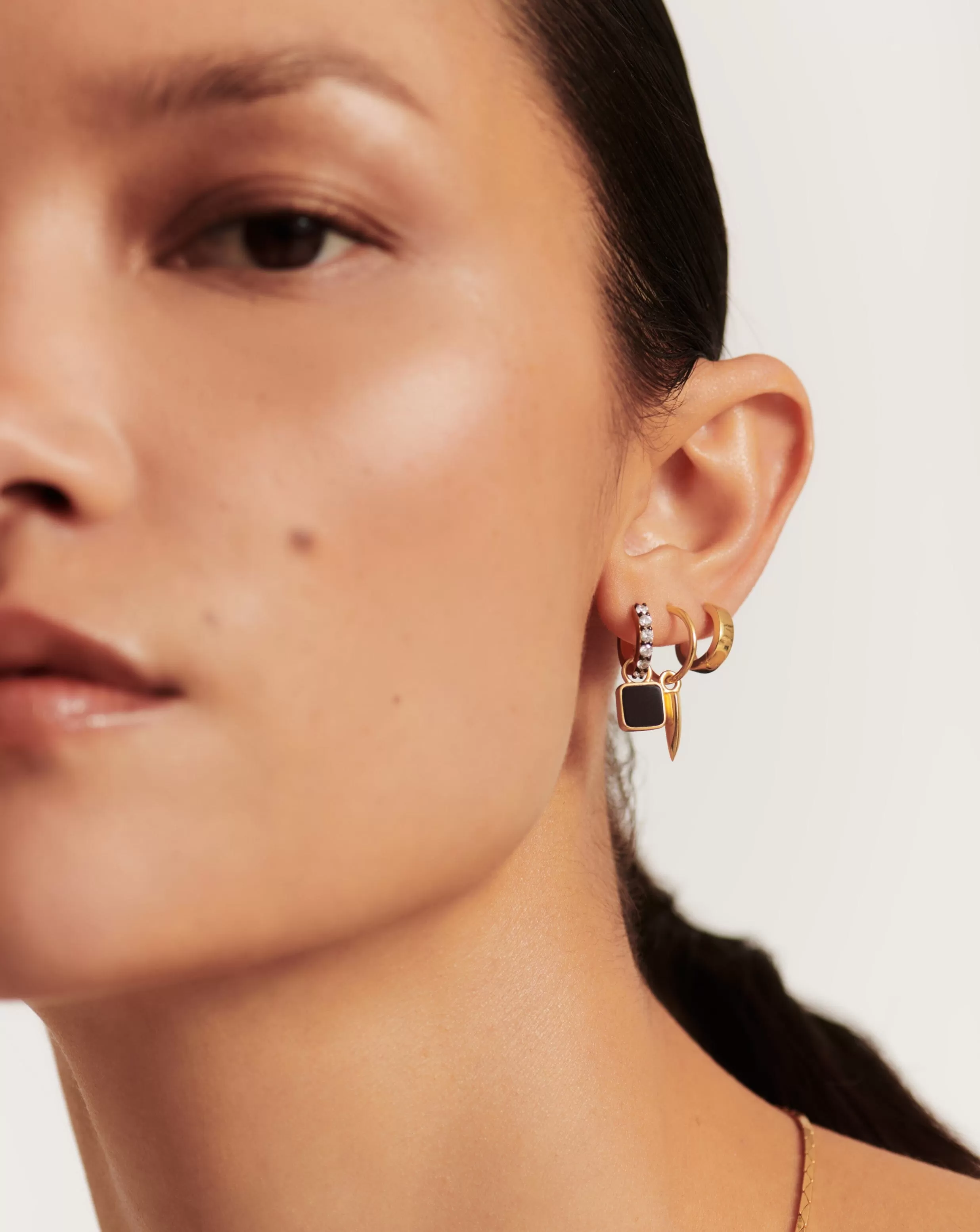 Lucy Williams Square Black Onyx Charm Mini Hoop Earrings  | 18ct Gold Plated Vermeil/Black Onyx