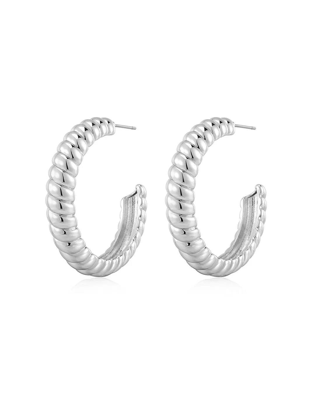 Luv Aj XL Ridged Hoop Earrings in Polished Rhodium Plated