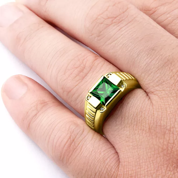 Men's Emerald Ring 10K Yellow Gold with Natural Diamonds, Men's Gemstone Ring