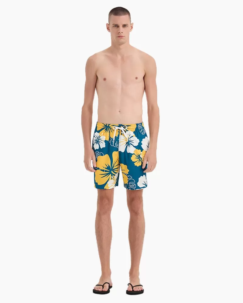 Men's Swim Beach Trunks - White Yellow Flower