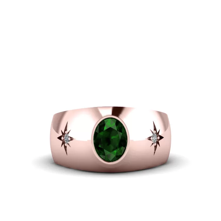 Men's Three Stone Diamond Ring 14K Rose Gold with Green Emerald Flat Wedding Band