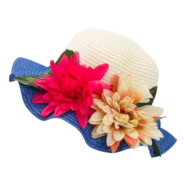 Mother-Daughter Floppy Large Brim Straw Sun Hat with Flowers