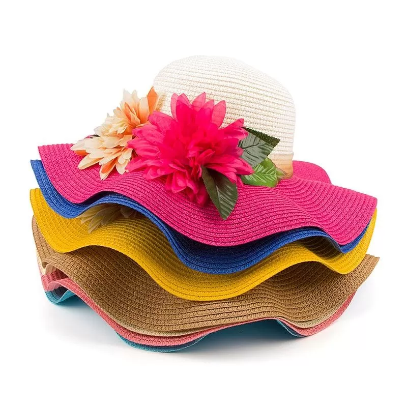 Mother-Daughter Floppy Large Brim Straw Sun Hat with Flowers