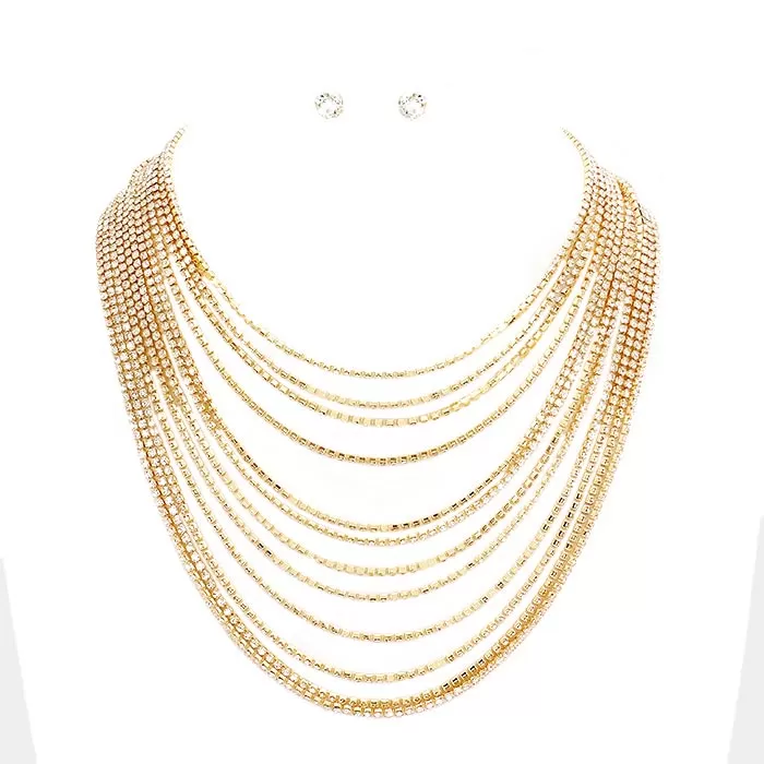 Multi Layered Rhinestone Bib Evening Necklace