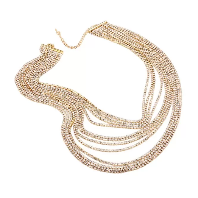 Multi Layered Rhinestone Bib Evening Necklace