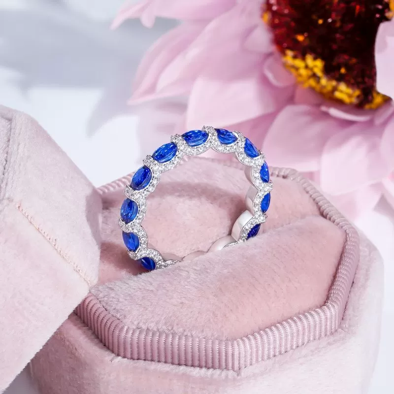 Oval Cut Cornflower Sapphire Gem Eternity Wedding Band