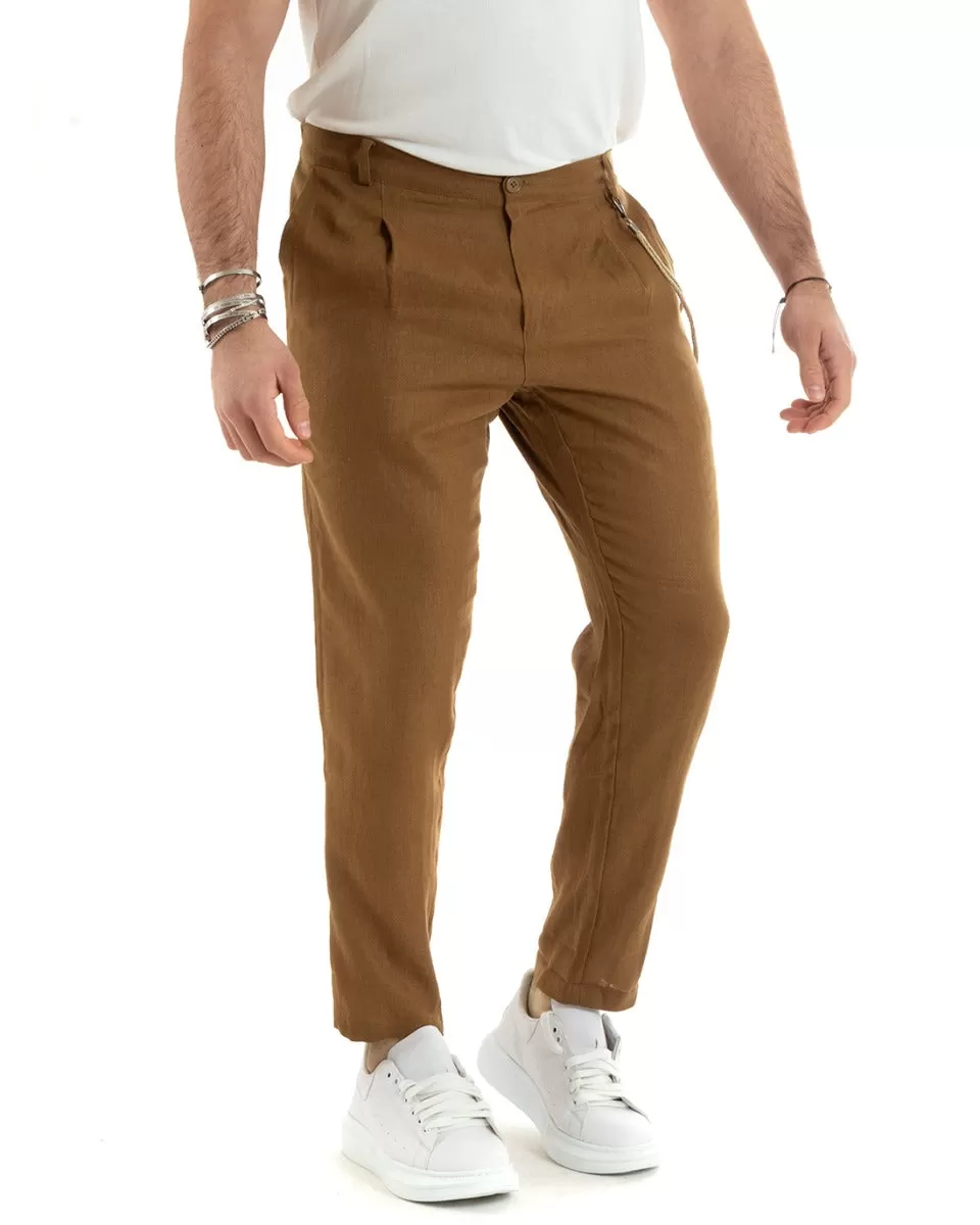 Pantaloni Uomo In Lino Tasca America Classico Sartoriale Comodo Casual Tinta Unita Camel GIOSAL-P5794A