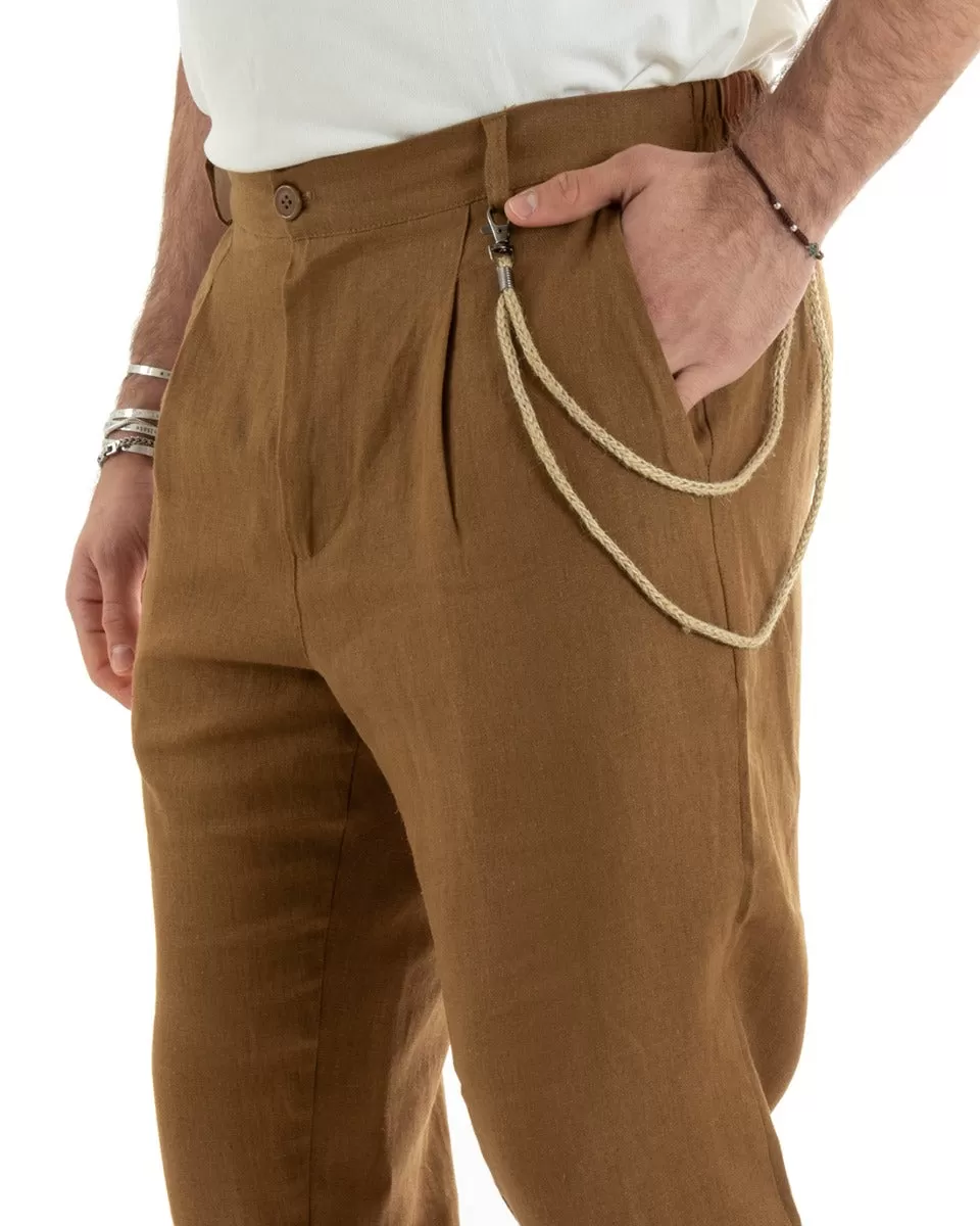 Pantaloni Uomo In Lino Tasca America Classico Sartoriale Comodo Casual Tinta Unita Camel GIOSAL-P5794A