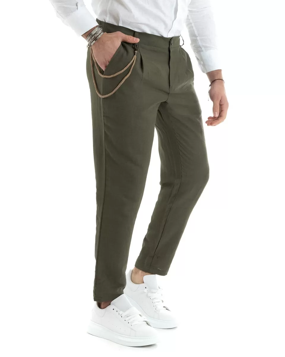 Pantaloni Uomo In Lino Tasca America Classico Sartoriale Comodo Casual Tinta Unita Verde Scuro GIOSAL-P5857A