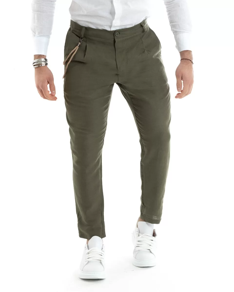 Pantaloni Uomo In Lino Tasca America Classico Sartoriale Comodo Casual Tinta Unita Verde Scuro GIOSAL-P5857A