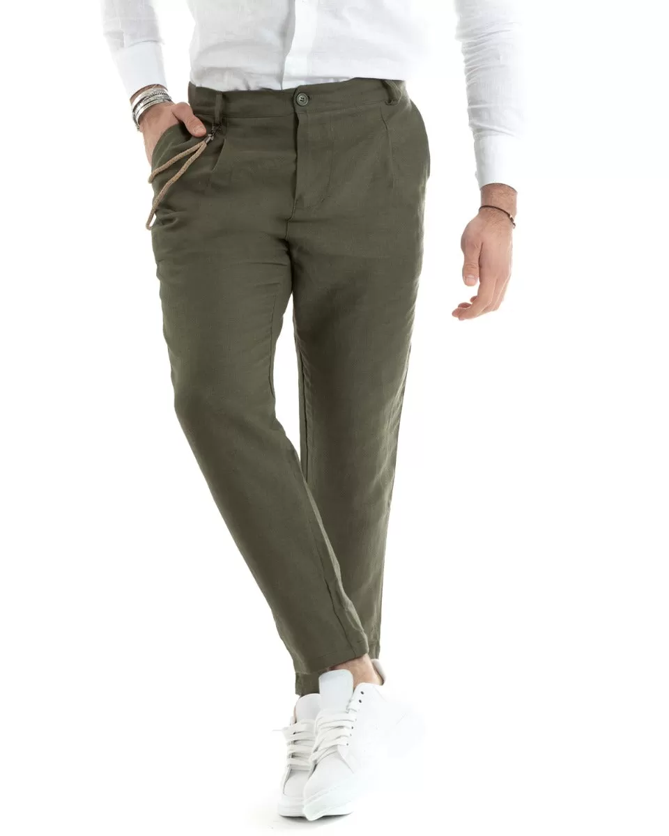 Pantaloni Uomo In Lino Tasca America Classico Sartoriale Comodo Casual Tinta Unita Verde Scuro GIOSAL-P5857A