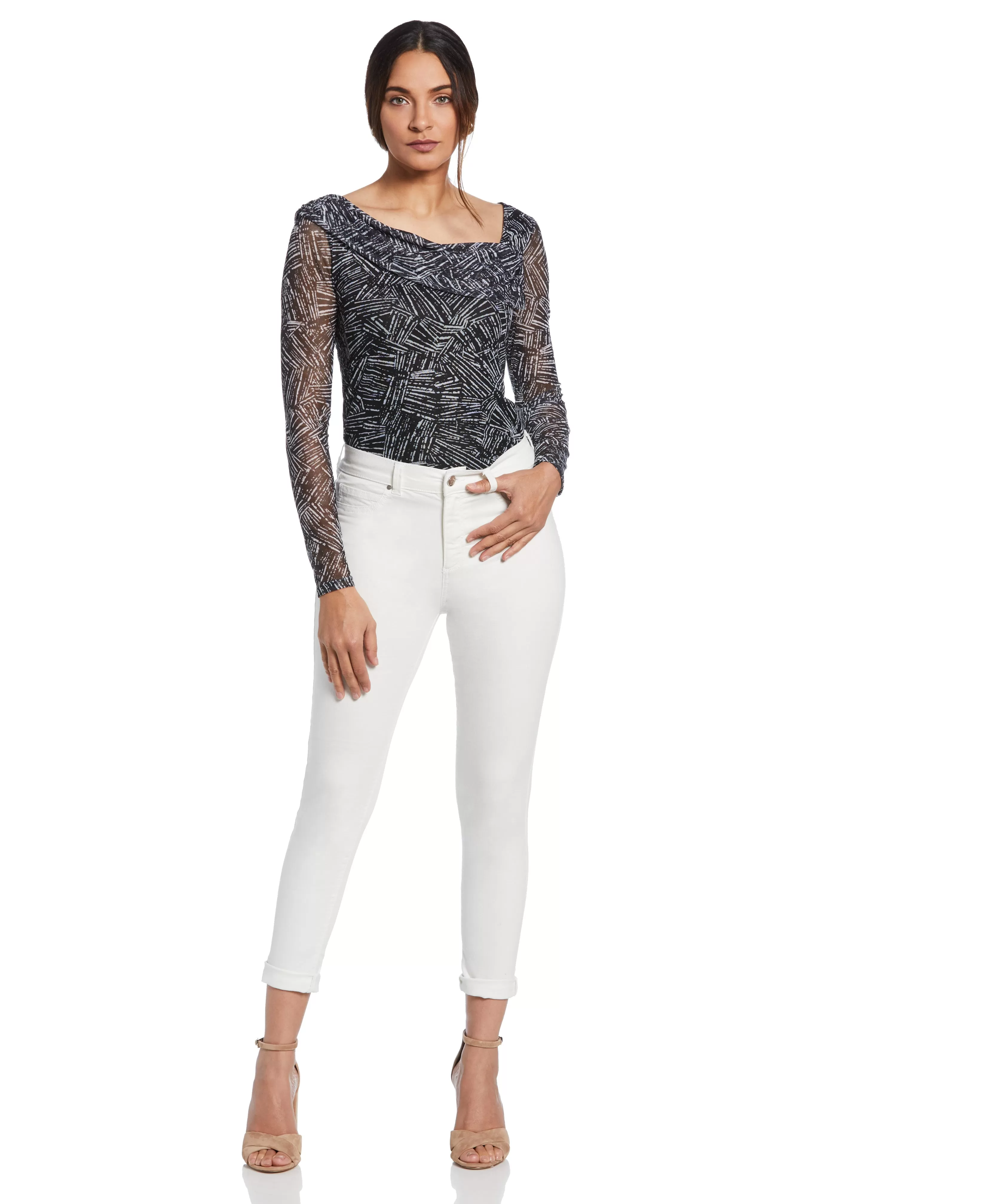 Petite Printed Asymmetrical Mesh Top