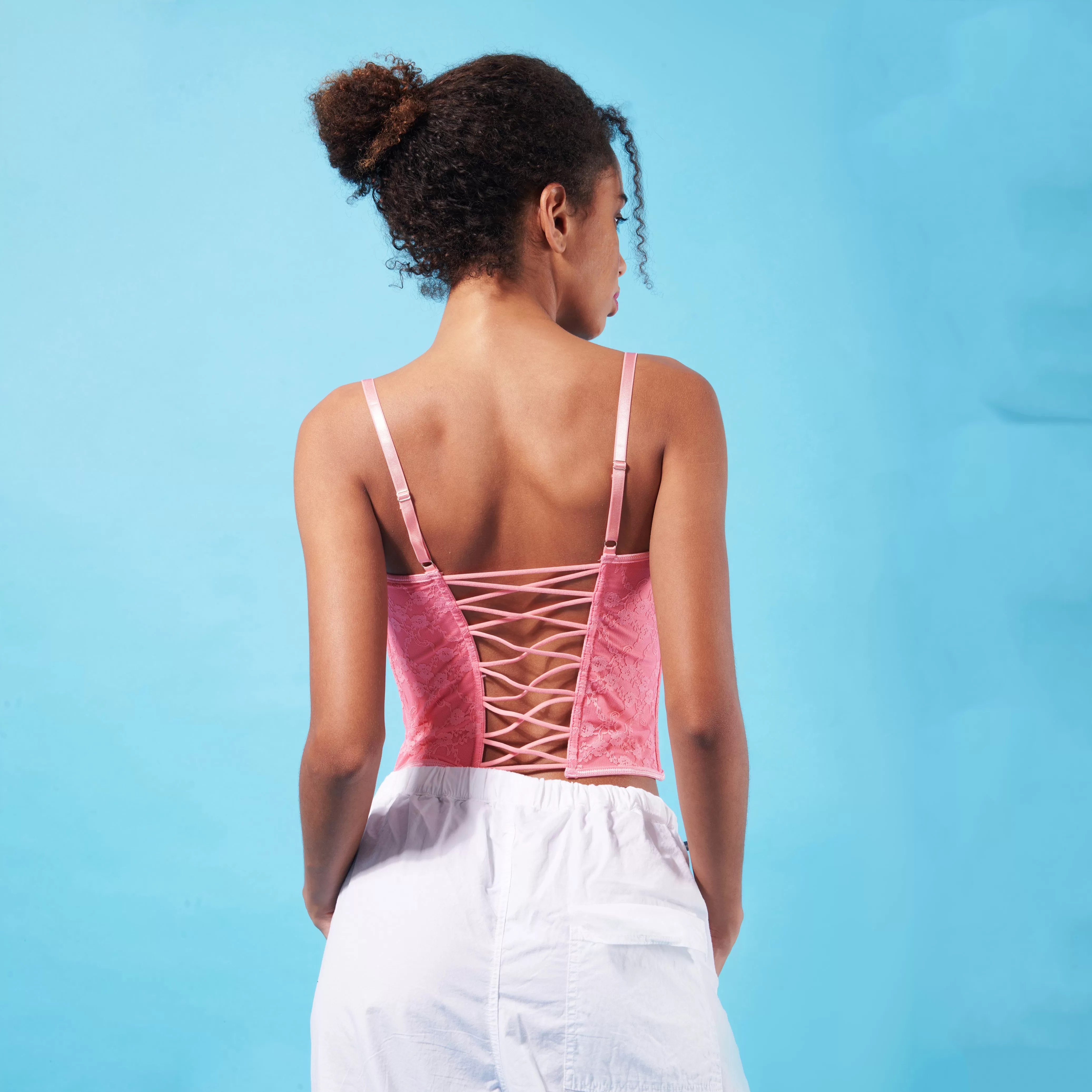 Pink Lace Corset Top & White Parachute Pants