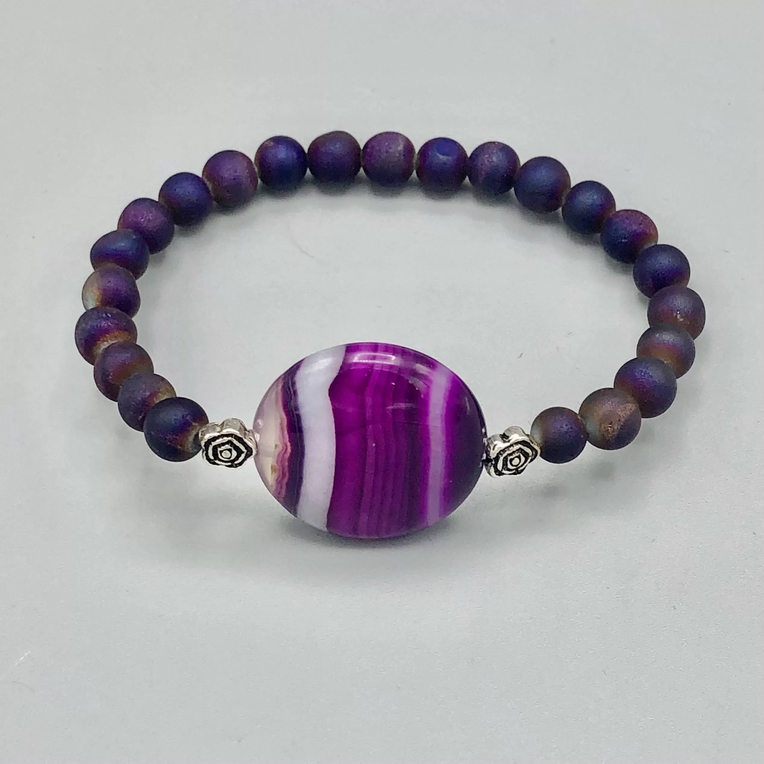 Purple Banded Agate Gemstone, Sterling Silver, Druzy Agate, women’s Stretch Bracelet