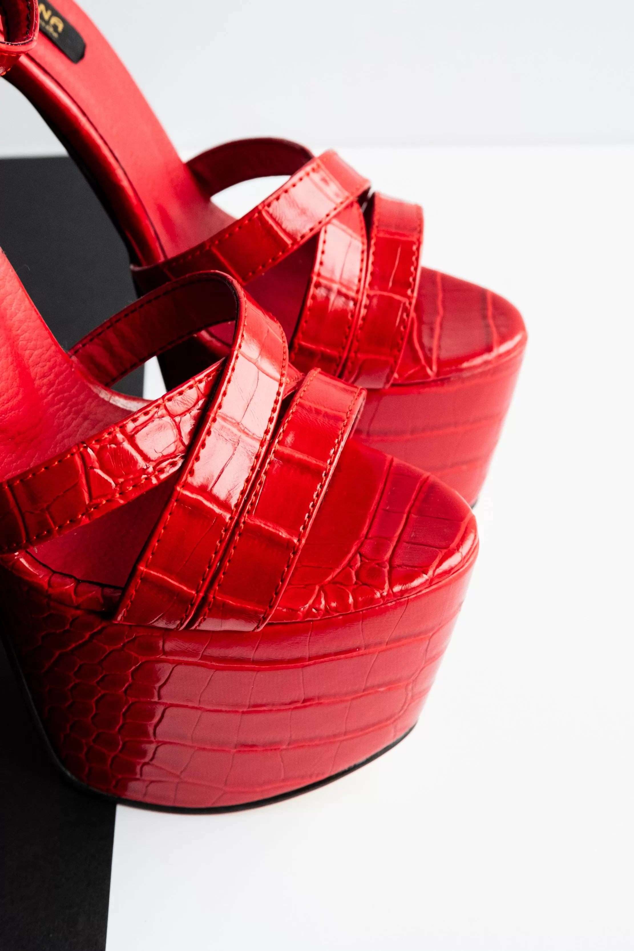 Red Croco Cross Strap High Heel Sandals