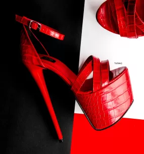 Red Croco Cross Strap High Heel Sandals