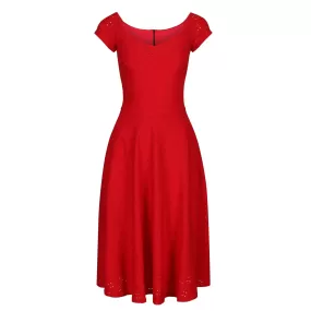 Red Pointelle Cap Sleeve V Neck Swing Dress