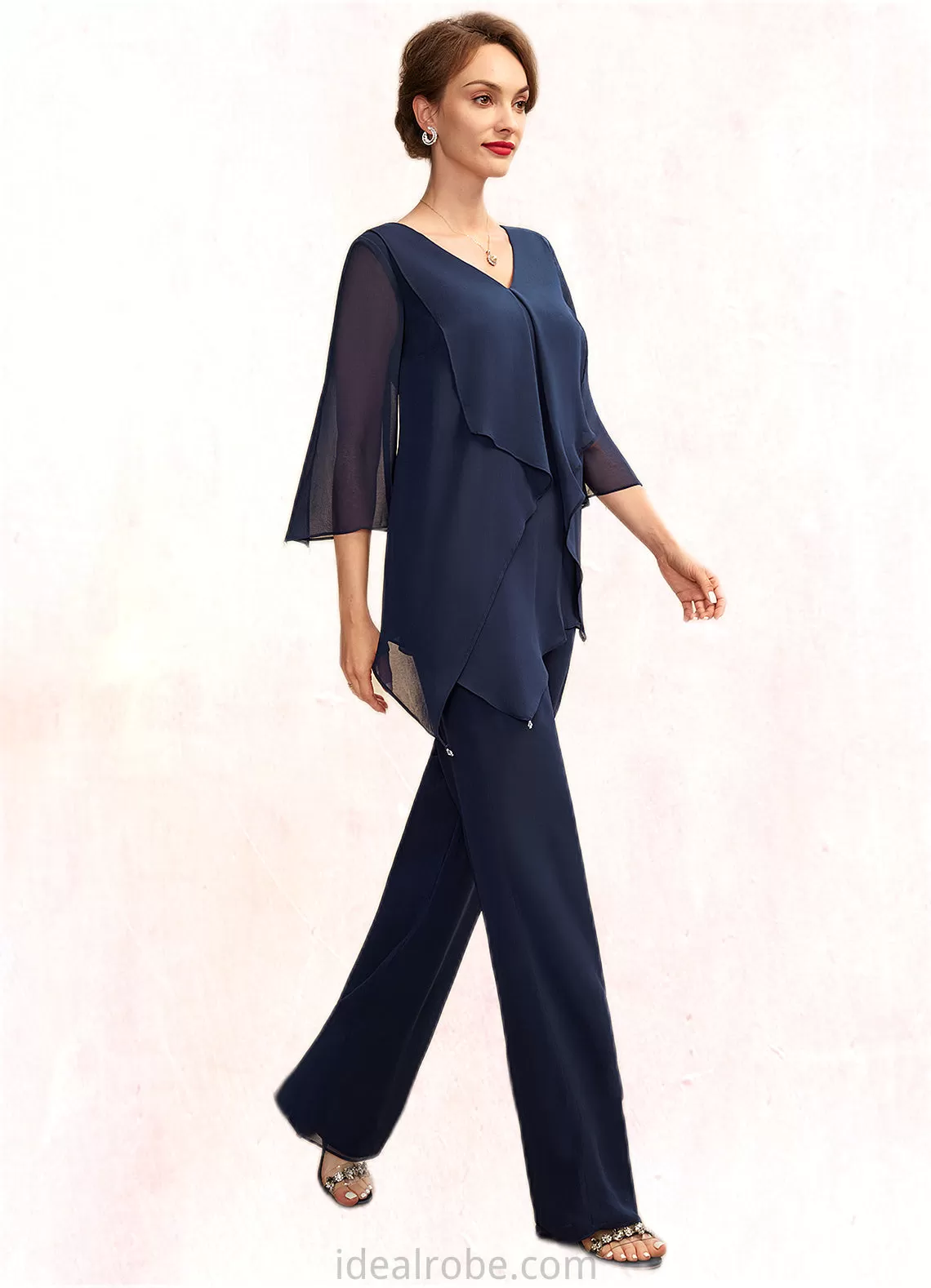 Riley Jumpsuit/Pantsuit V-neck Floor-Length Chiffon Mother of the Bride Dress With Cascading Ruffles STK126P0015019