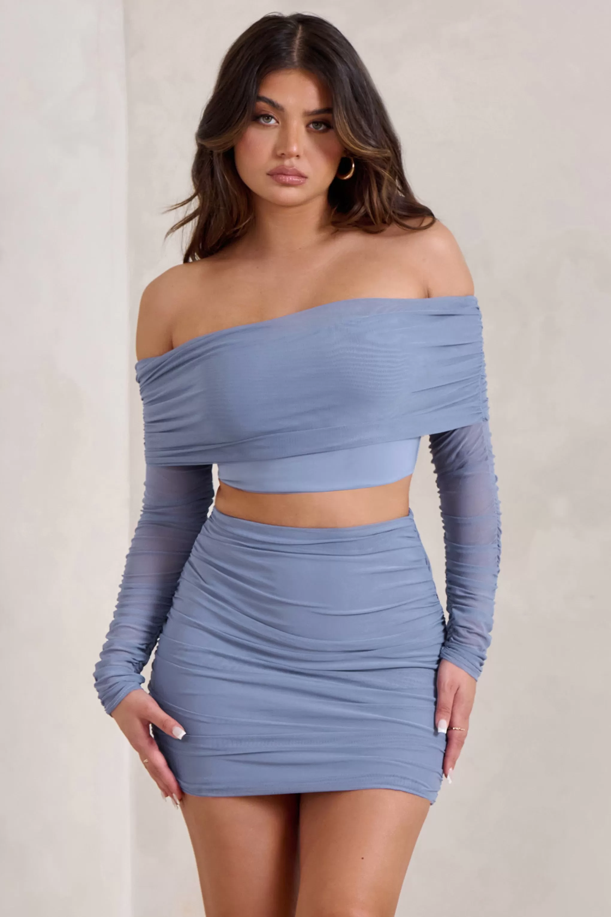 Rule Breaker | Cornflower Blue Ruched Mesh Bardot Crop Top