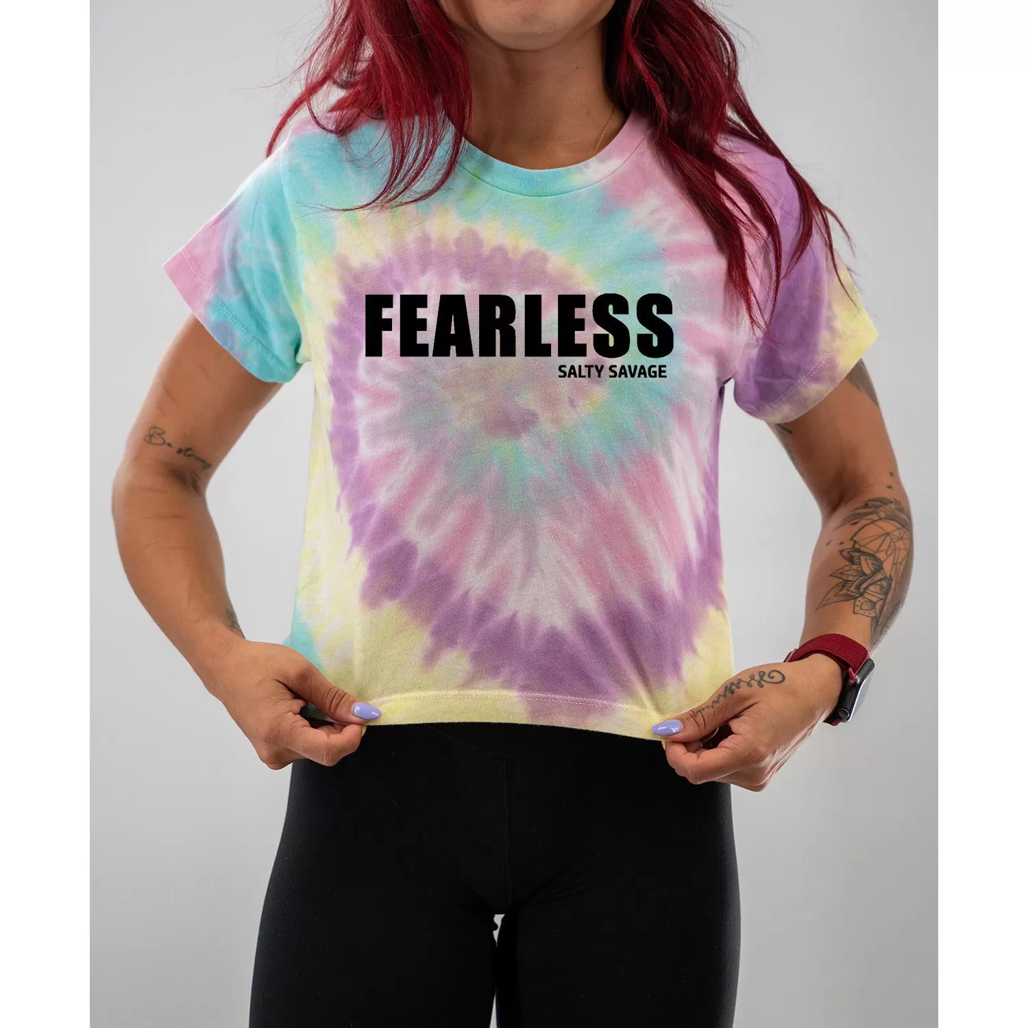 Salty Savage Ladies "FEARLESS" Spiral Tie Dye Crop Tee